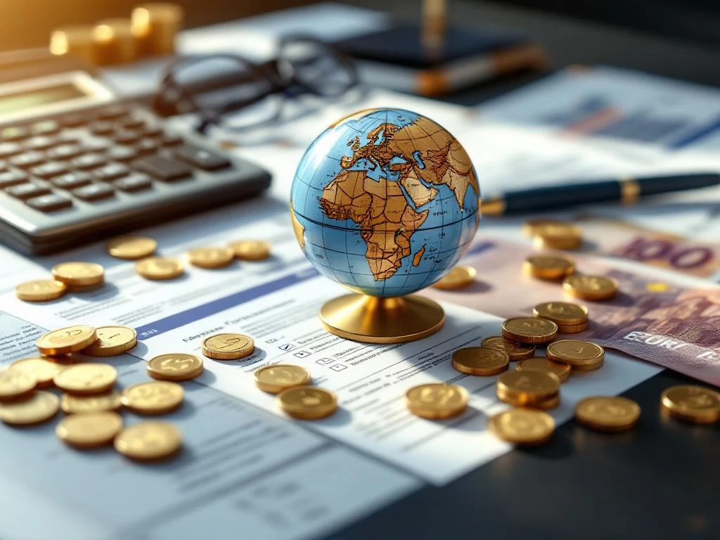 Nederlandse belastingdocumenten op bureau met rekenmachine, eurobiljetten, munten en globe van Nederland