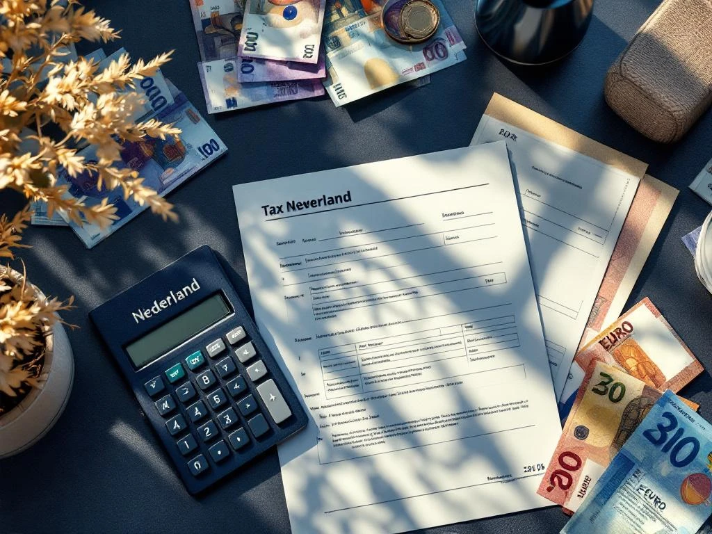 Nederlandse belastingformulieren op bureau met rekenmachine, eurobiljetten en buitenlands paspoort in gouden ochtendlicht