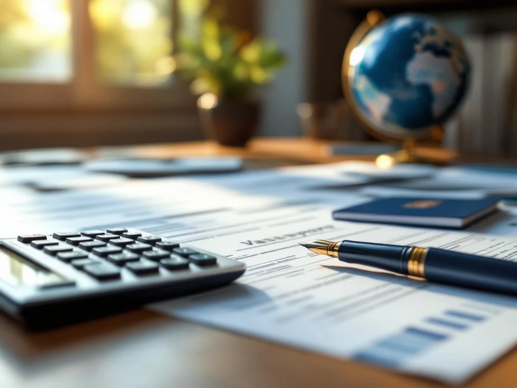 Nederlandse belastingformulieren op houten bureau met rekenmachine, pen en Nederlands paspoort voor expat belastingzaken