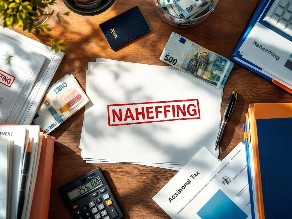 Nederlands belastingdocumenten op houten bureau met NAHEFFING stempel, rekenmachine, eurobiljetten en Nederlandse paspoort