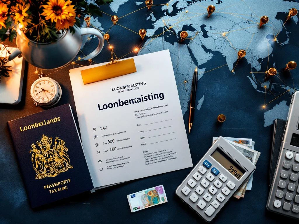 Nederlandse belastingdocumenten met loonbelasting, paspoort, rekenmachine en euro's op bureau met wereldkaart