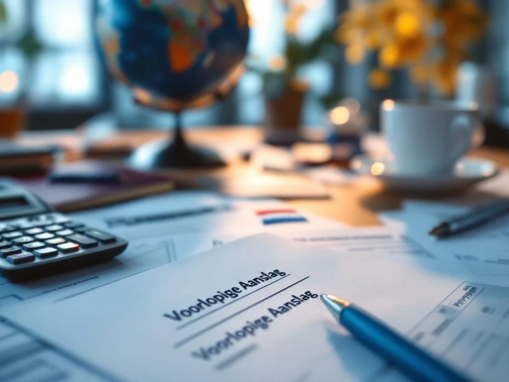 Nederlandse belastingdocumenten met "Voorlopige Aanslag" op bureau met rekenmachine, pen en koffiekop