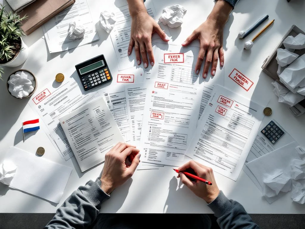 Handen boven Nederlandse belastingformulieren met rode waarschuwingsstempels, calculator en euro munten op wit bureau