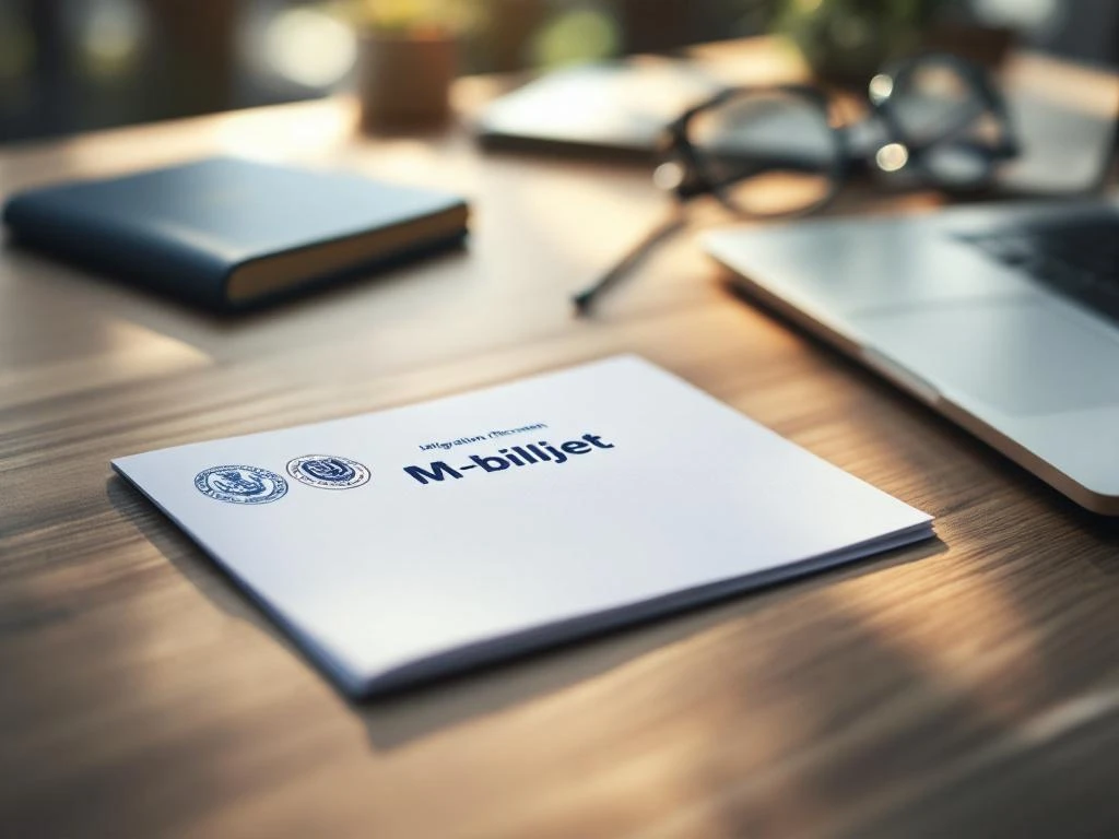 Nederlands migratie document M-biljet op houten bureau met paspoort en laptop op achtergrond