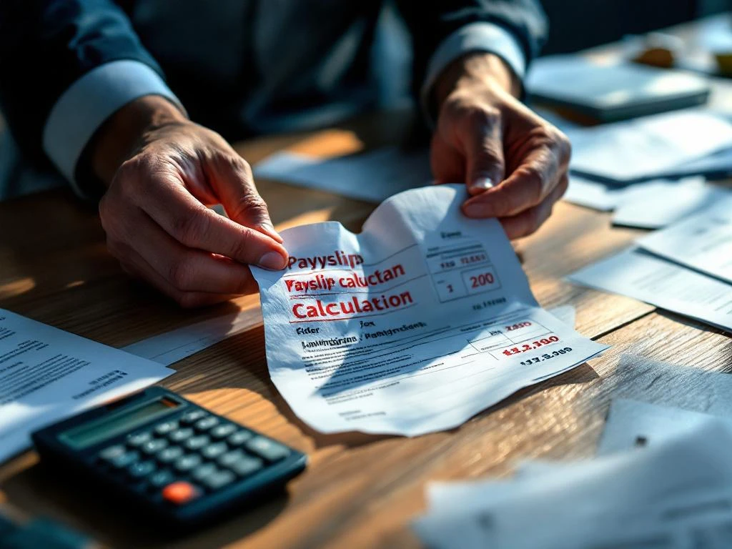 Handen houden loonstrook met rode correcties, omringd door Nederlandse belastingdocumenten en rekenmachine op bureau