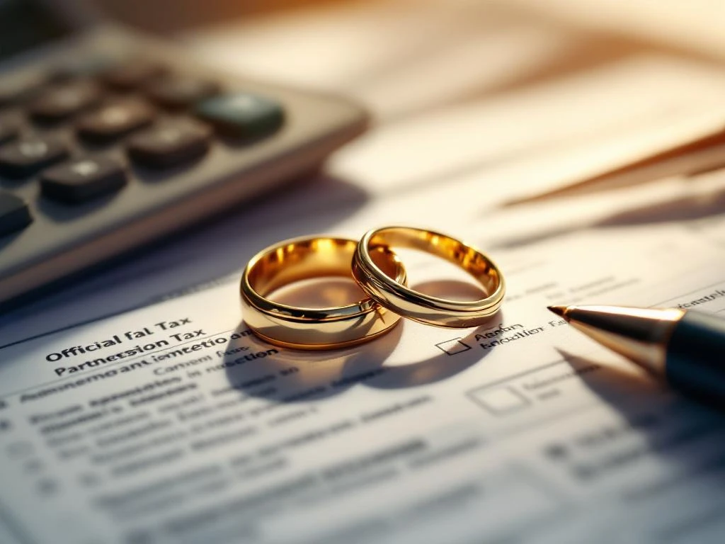 Twee gouden trouwringen op Nederlandse belastingdocumenten met rekenmachine, fiscaal partnerschap registratie