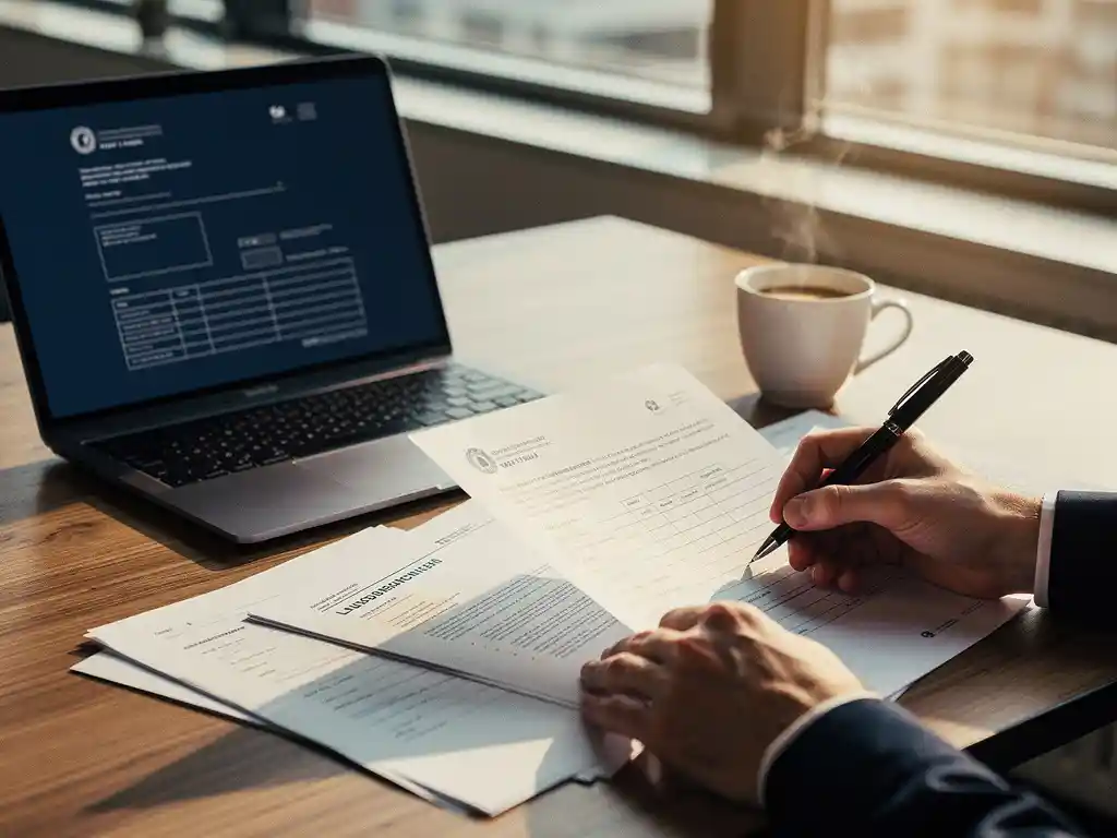 Professionele handen bekijken Nederlandse arbeidscontracten en officiële documenten op modern bureau met laptop en koffie