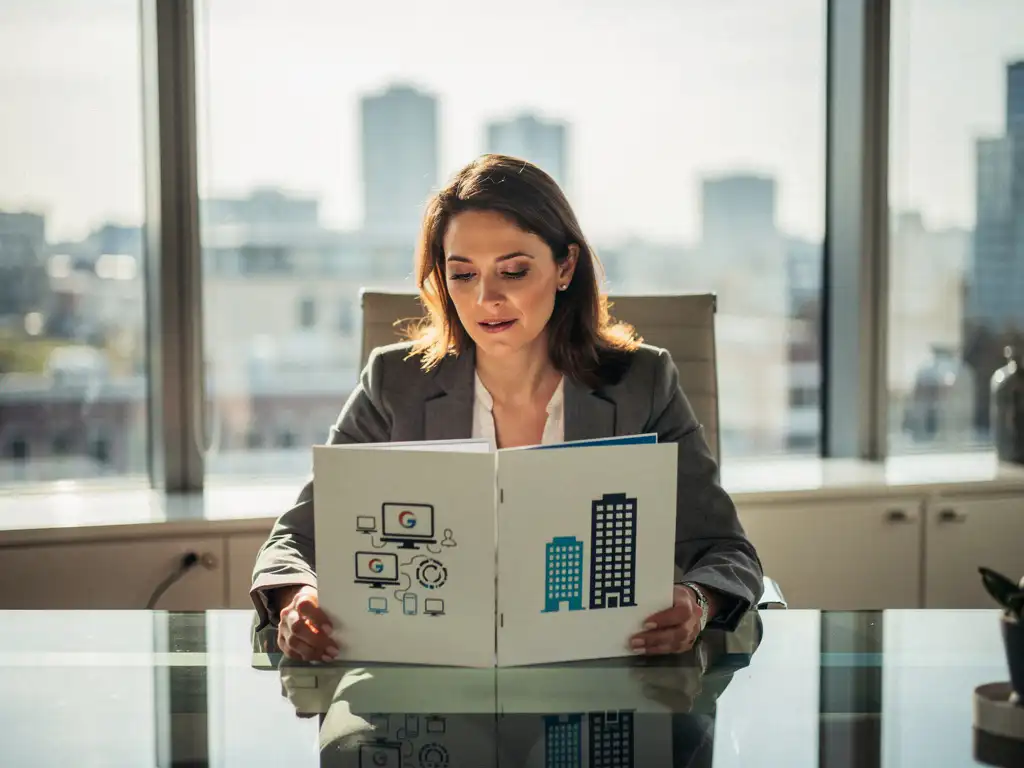 Professionele vrouw in zakelijke kleding bestudeert twee contractmappen met computer- en kantoorsymbolen aan glazen bureau in modern Amsterdam kantoor