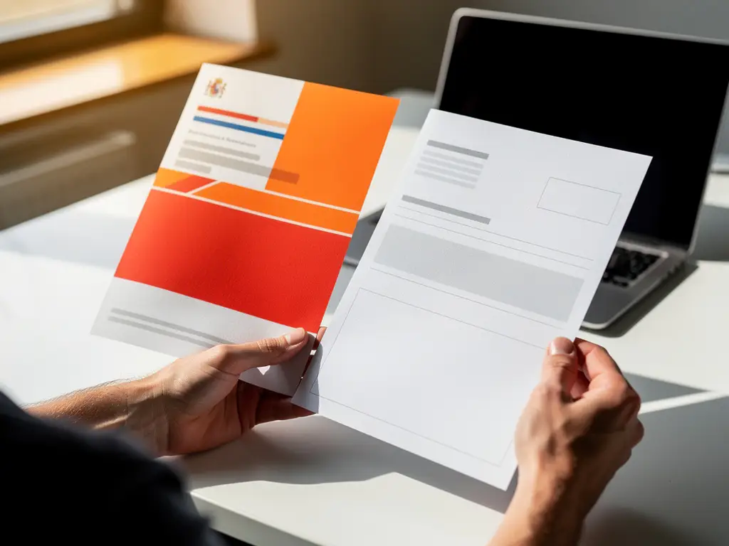 Handen die twee officiële documenten vasthouden op moderne bureau, één met oranje-rode Nederlandse overheidshuisstijl