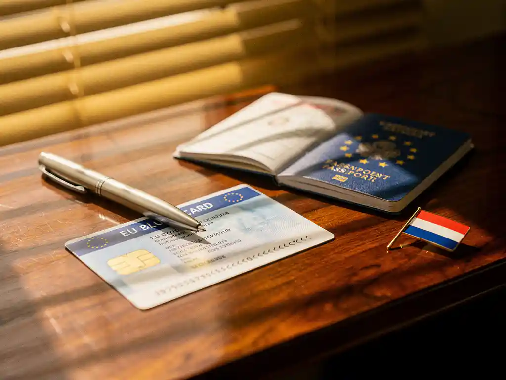 EU Blue Card document en Europees paspoort op mahonie bureau met Nederlandse vlag pin en pen in gouden zonlicht