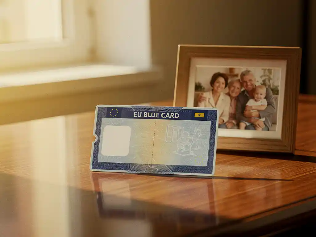 EU Blue Card document op houten bureau naast ingelijste familiefoto in warm natuurlijk licht