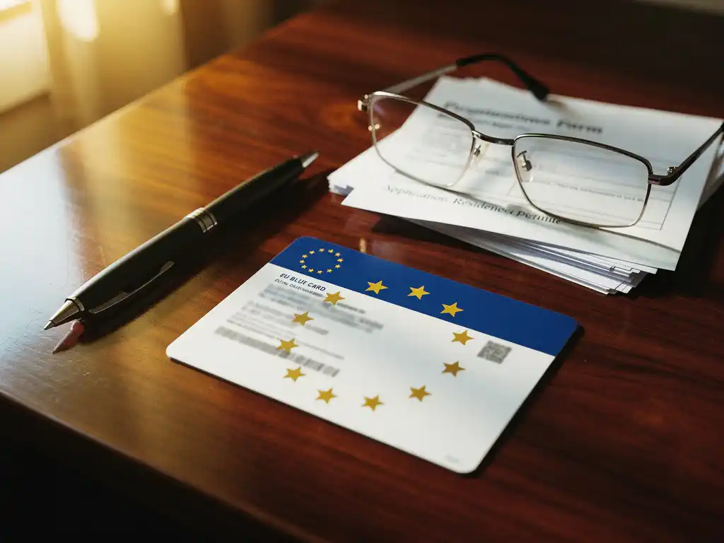 EU Blue Card document op mahonie bureau met pen, leesbril en immigratiepapieren in warm gouden licht
