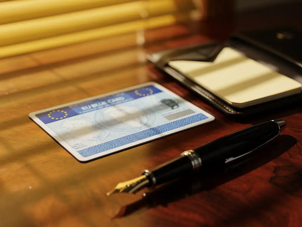 EU Blue Card document op mahonie bureau naast open paspoorthouder met zonlicht door jaloezieën
