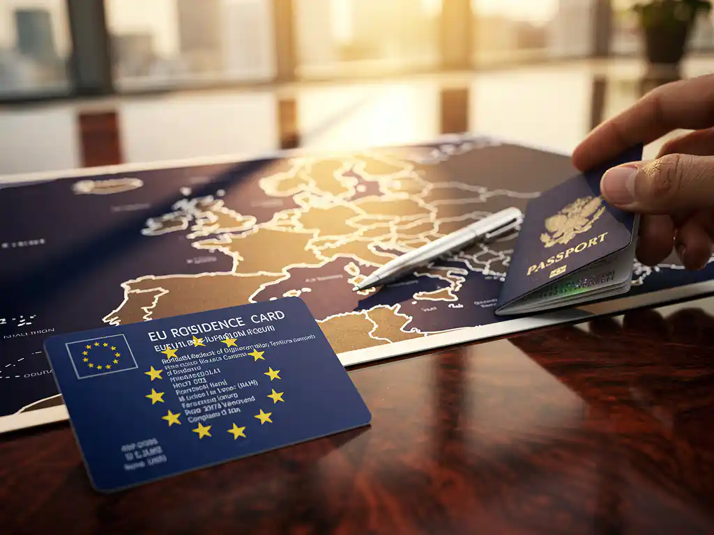 EU blauwe kaart document op mahonie bureau naast Europakaart met zilveren pen, warme middaglicht door kantoorvensters