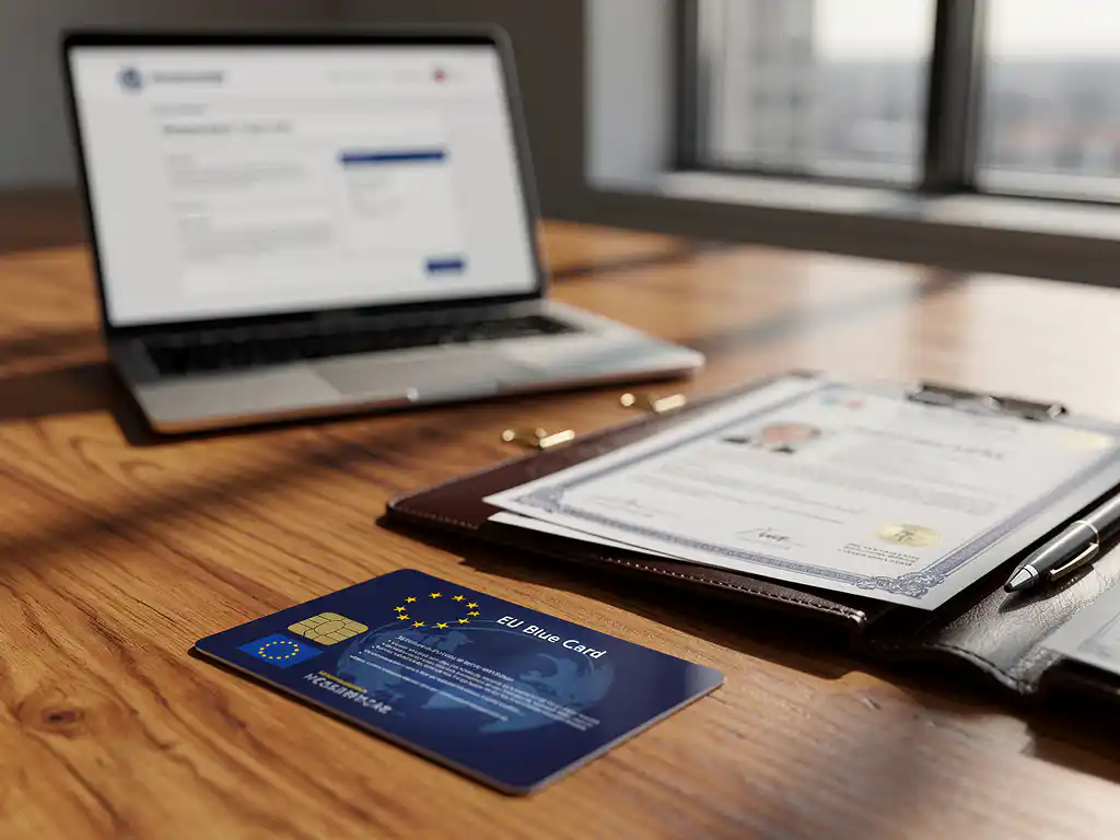 EU blue card document op houten bureau naast open leren portfolio met professionele certificaten en laptop met immigratieformulieren
