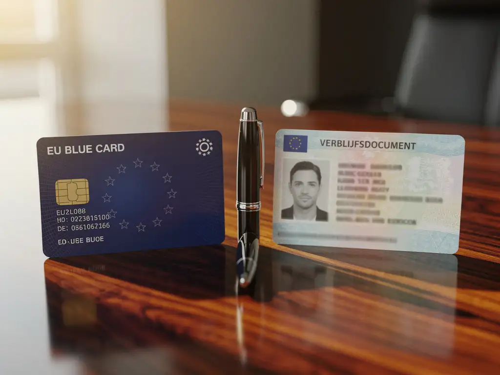 EU blauwe kaart en Nederlandse verblijfsvergunning op mahonie bureau in immigratieadvocatenkantoor met vulpen