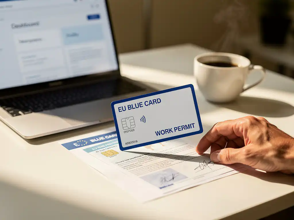 EU blauwe kaart en werkvergunning documenten op wit bureau naast laptop en koffiekop in kantooromgeving