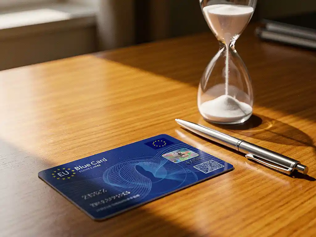 EU Blue Card document op houten bureau naast zandloper en zilveren pen, verlicht door natuurlijk raamlicht