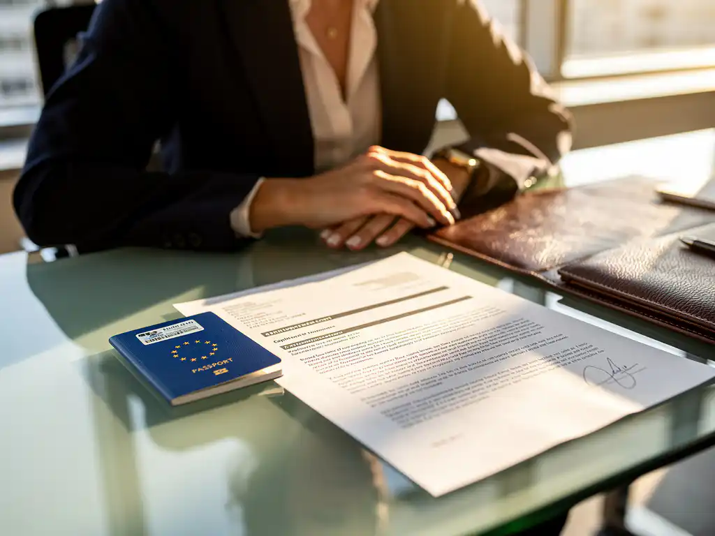 HR-manager bekijkt EU Blue Card aanvraag met paspoort en arbeidscontract op moderne glazen bureau in kantoor