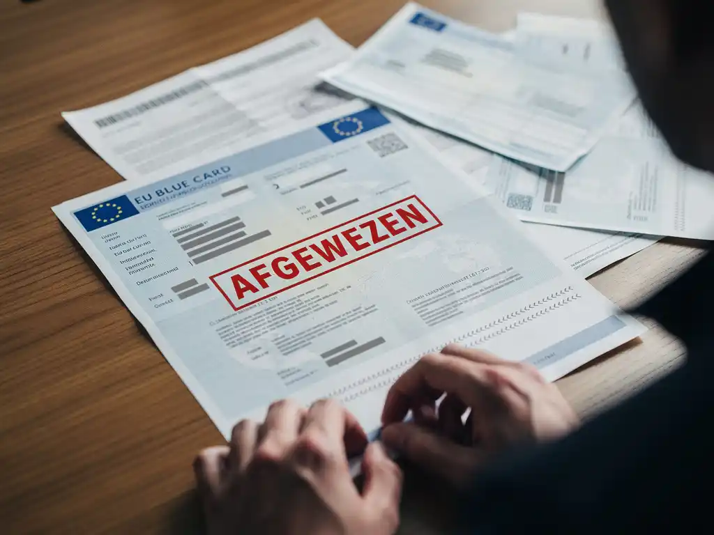 Afgewezen EU Blue Card document met rode stempel op bureau omringd door immigratiepapieren en bezorgde handen