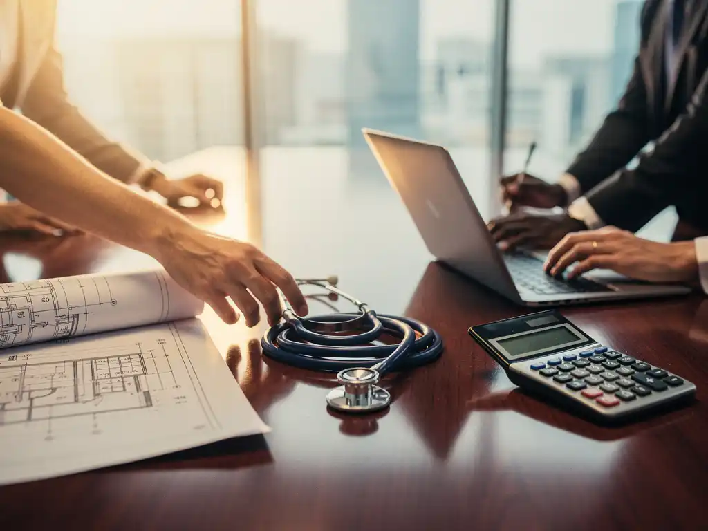 Professionele handen plaatsen stethoscoop, blauwdrukken, laptop en rekenmachine op houten vergadertafel in kantoor met natuurlijk licht