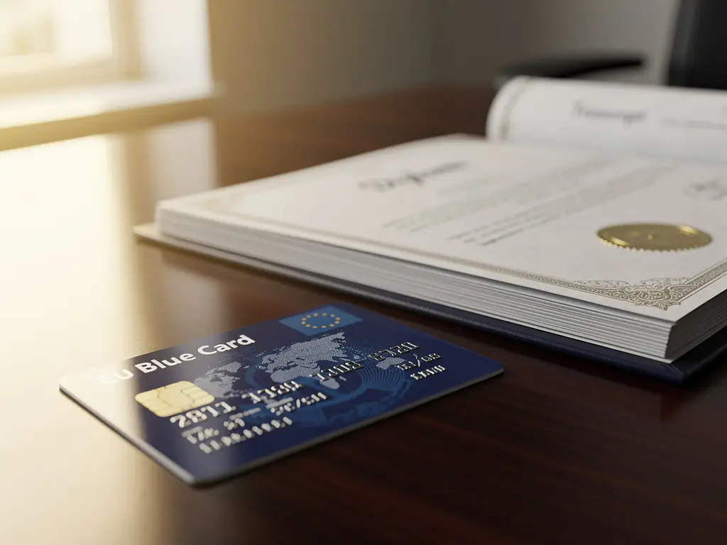 EU Blue Card op houten bureau naast open diploma en onderwijstranscripten, natuurlijk licht benadrukt officiële documenten