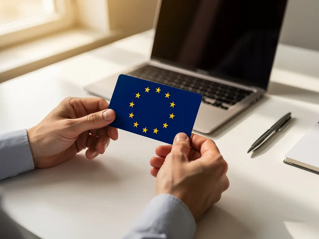 Professionele handen houden EU Blue Card document vast op wit bureau met laptop en kantoorbenodigdheden in warme verlichting