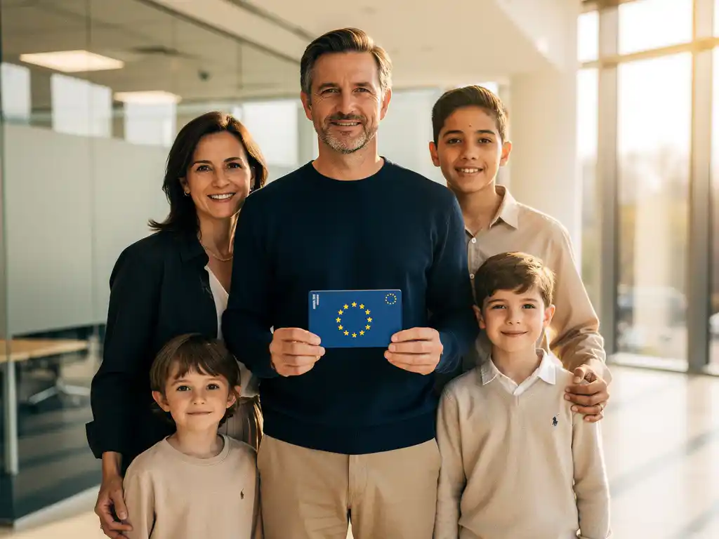 Europese familie van vier personen in modern immigratiekantoor, vader toont blauwe EU Blue Card document