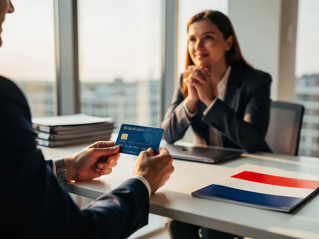 Professionele handen tonen blauwe EU Blue Card aan HR-consultant op modern kantoorbureau met Nederlandse vlagkleuren op map