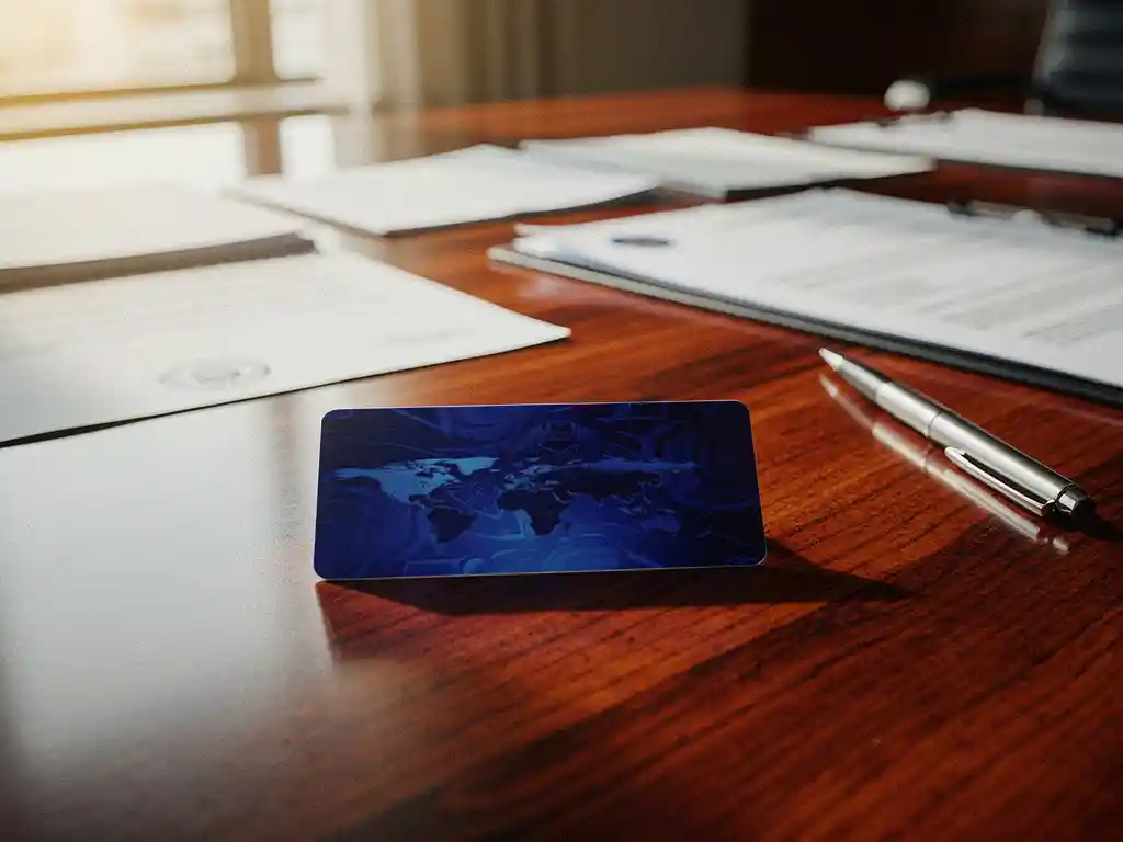 EU Blue Card op mahonie bureau omringd door immigratiedocumenten en zilveren pen in natuurlijk kantoorlicht