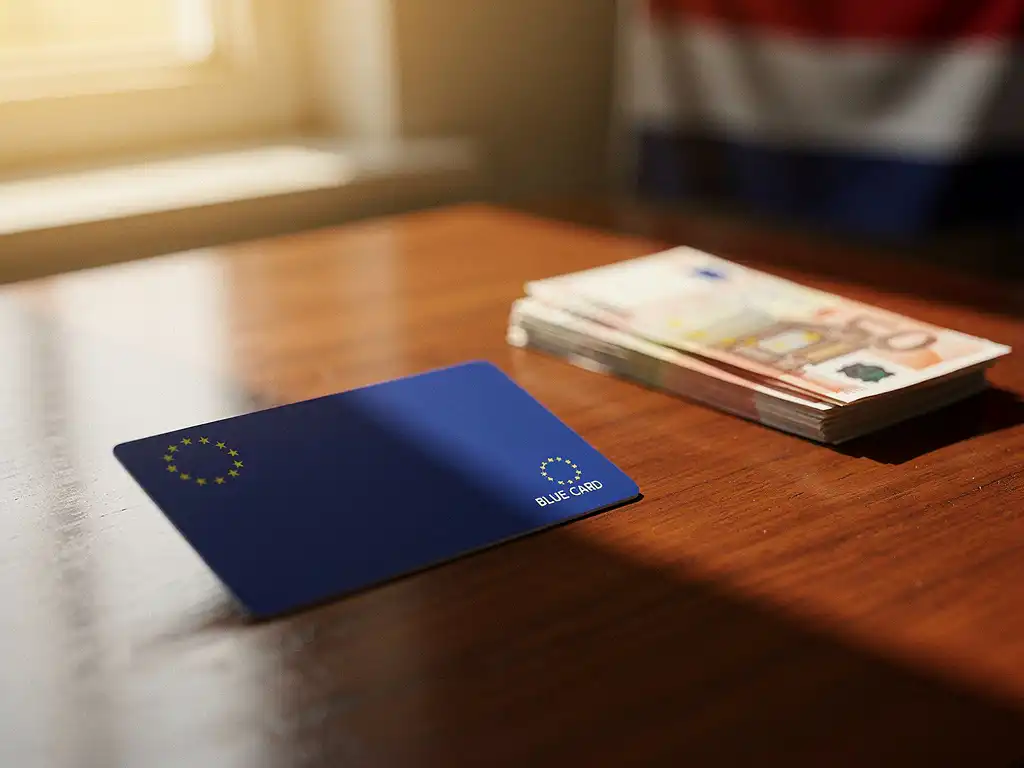 EU Blue Card document op houten bureau naast eurobiljetten met Nederlandse vlag op achtergrond