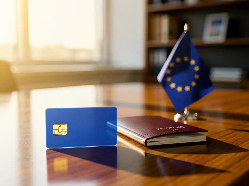 EU Blue Card document op houten bureau naast Nederlands paspoort en Europese vlag in warm kantoorlicht