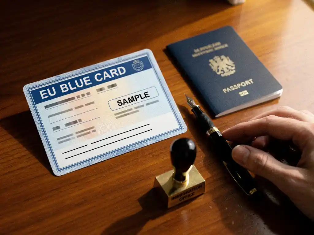 EU Blue Card document met Nederlands paspoort, officiële stempel en vulpen op houten bureau in natuurlijk licht