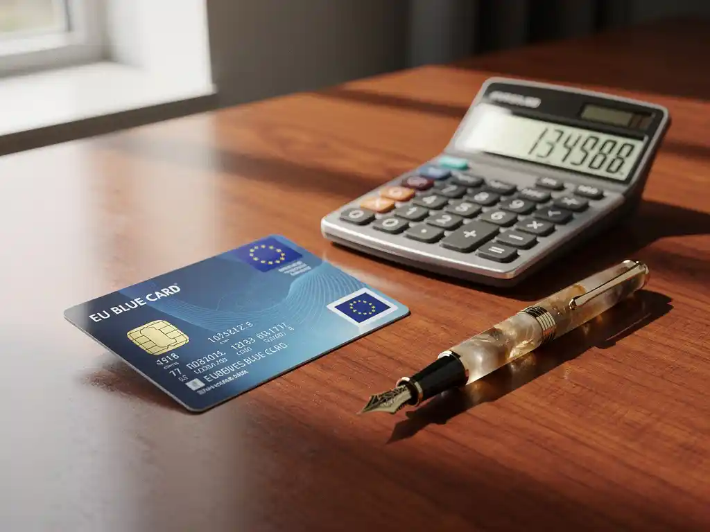 EU Blue Card document op houten bureau naast rekenmachine met salariscijfers en vulpen in professionele kantooromgeving