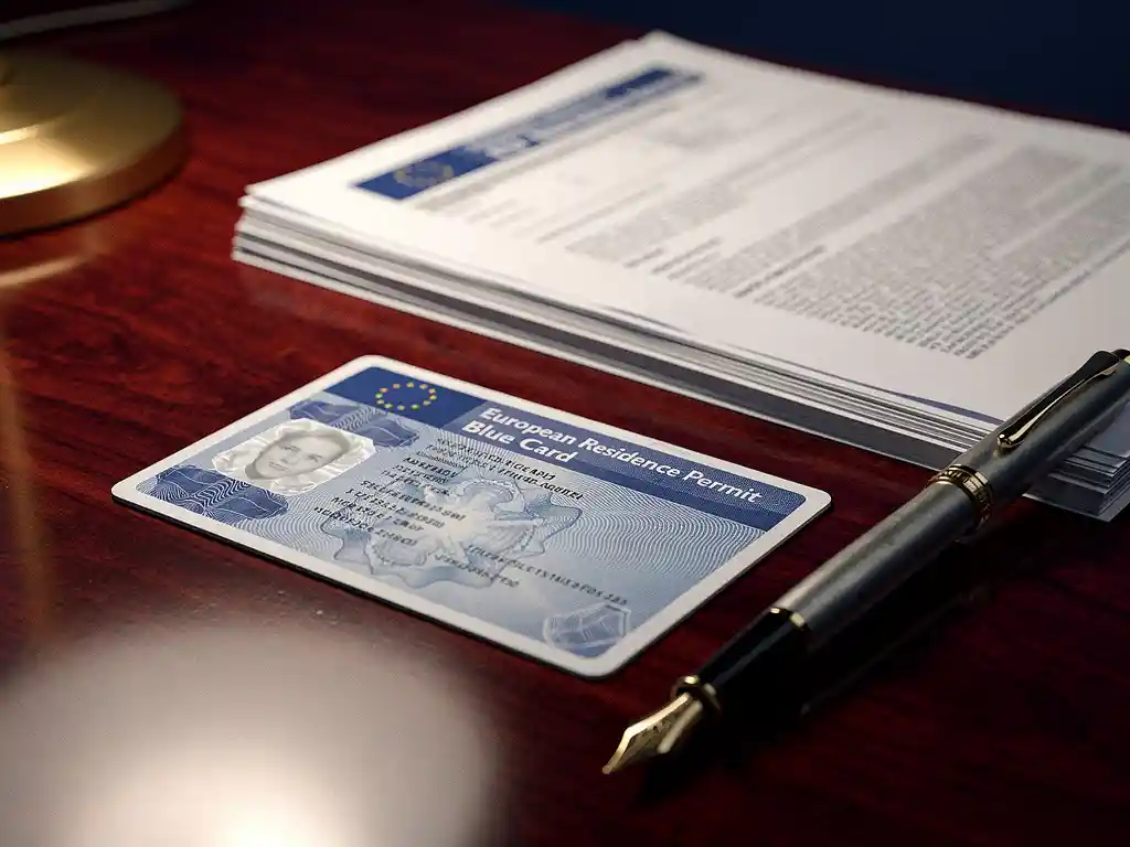 EU Blue Card op mahonie bureau naast vulpen en arbeidscontracten, professioneel verlicht met gouden bureaulamp