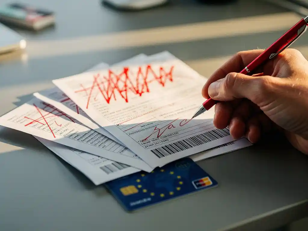 Hand met rode pen die correcties aanbrengt op EU-immigratiedocumenten met doorhalingen en markeringen op kantoorbureau