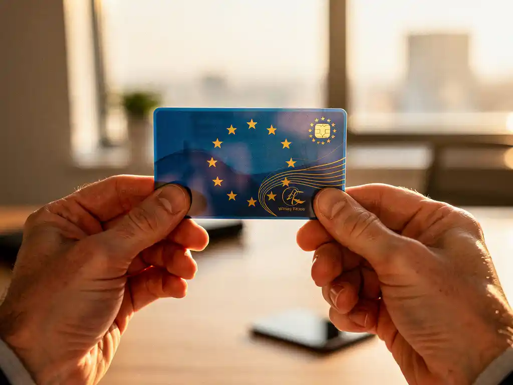 Professionele handen onderzoeken blauw EU-kaartdocument in modern kantoor met natuurlijk licht