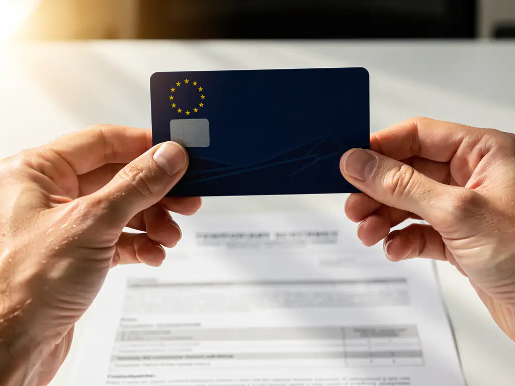 Professionele handen houden blauwe EU-kaart naast tijdelijk arbeidscontract op wit bureau