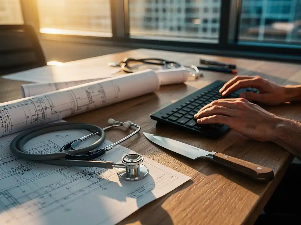 Professionele gereedschappen op eiken bureau - stethoscoop, blauwdrukken, toetsenbord en koksmes - verlicht door gouden uurtje