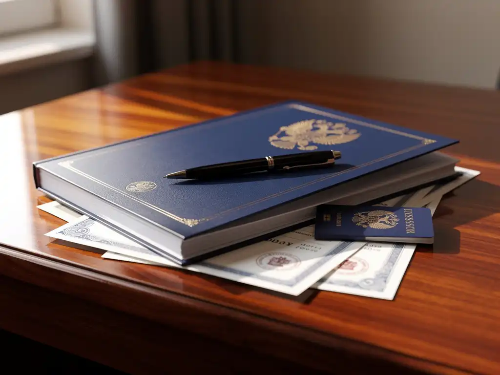 Stapel Europese documenten met blauwe omslagen en gouden emblemen op houten bureau met zwarte pen