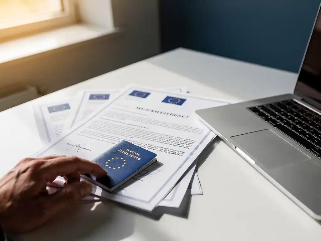 Stapel Europese documenten met EU-logo's naast laptop op wit bureau in professioneel kantoor met natuurlijk licht