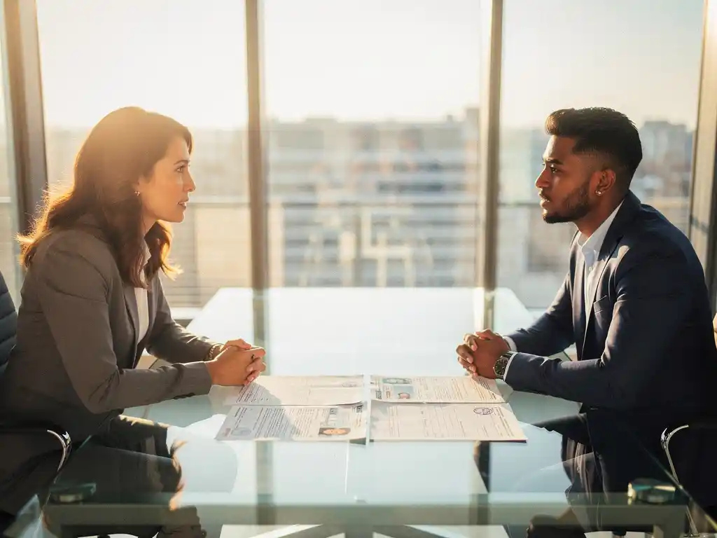 HR-manager en internationale medewerker bespreken immigratiedocumenten en werkvergunningen aan glazen vergadertafel in modern kantoor