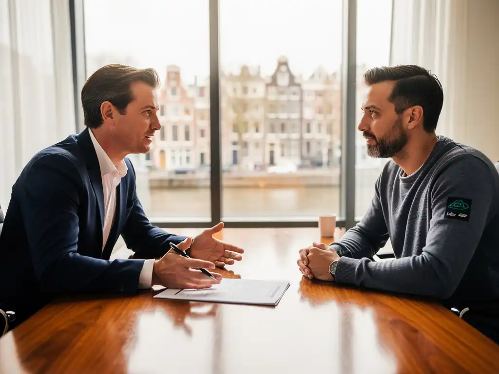 Hypotheekadviseur bespreekt goedgekeurde documenten met ICT-professional aan houten bureau in modern Amsterdams kantoor
