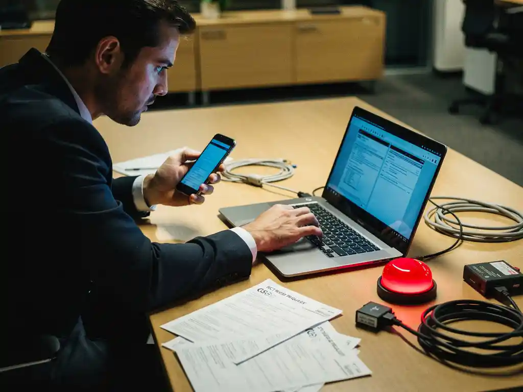 Gestresste kantoormedewerker typt dringend op laptop met smartphone in hand, ICT-formulieren en kabels verspreid over bureau
