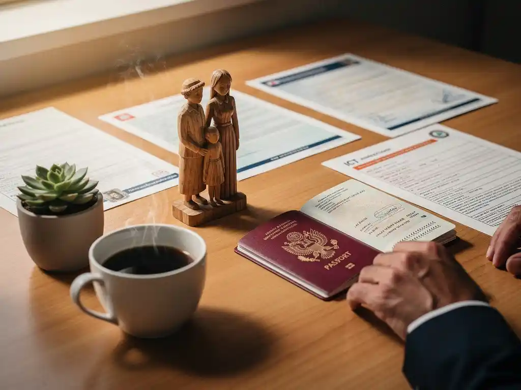 Nederlandse immigratiebeambte bureau met open paspoort, ICT visa documenten, houten familiefiguurtje en koffiekopje in warm natuurlijk licht