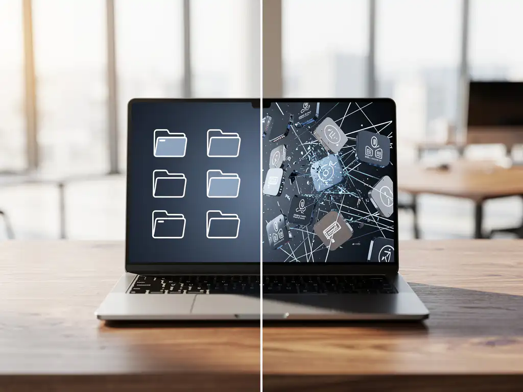 Laptop gesplitst in twee helften toont georganiseerde werkruimte versus verspreide bestanden op eiken bureau