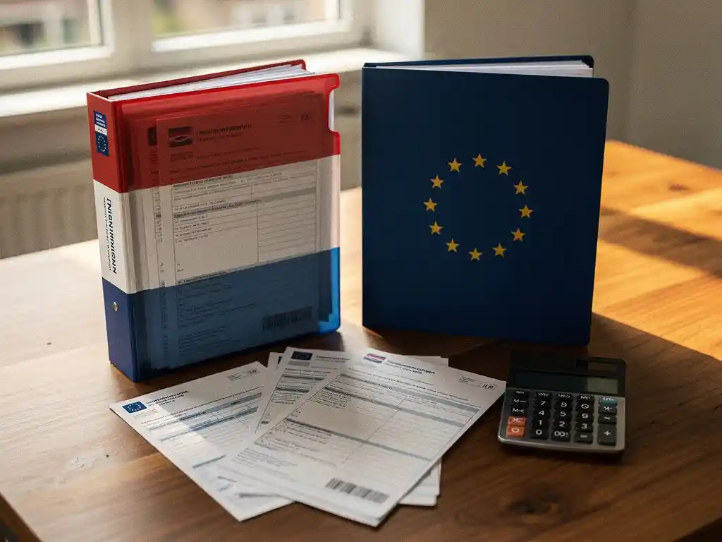 Houten bureau met Nederlandse immigratiedocumenten en EU belastingformulieren, calculator en officiële papieren in warm natuurlijk licht