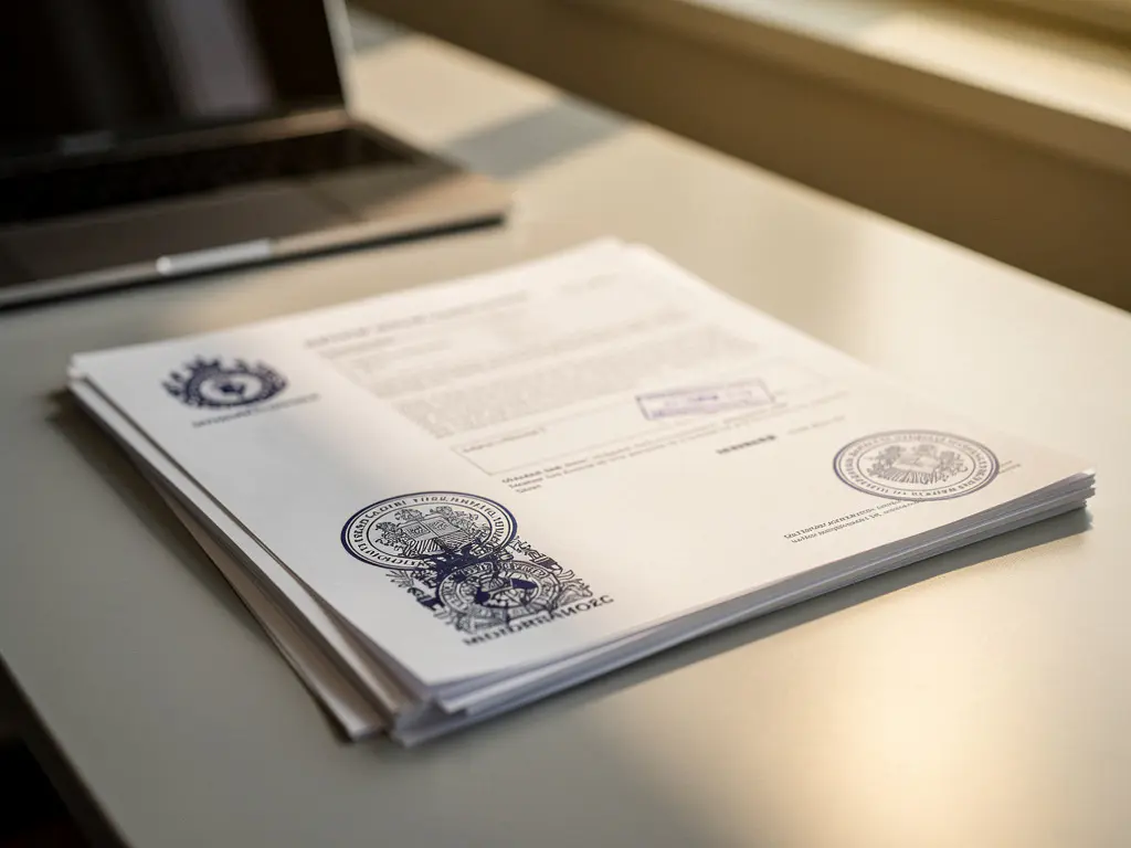 Nederlandse overheidsdocumenten met officiële stempels en zegels op moderne bureauopzet met laptop op achtergrond