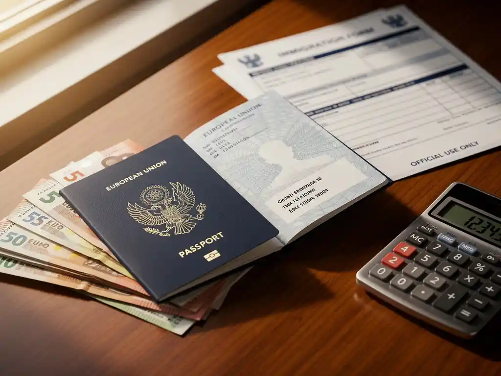 Open Nederlands paspoort op bureau met eurobankbiljetten, immigratiedocumenten en rekenmachine in natuurlijk licht