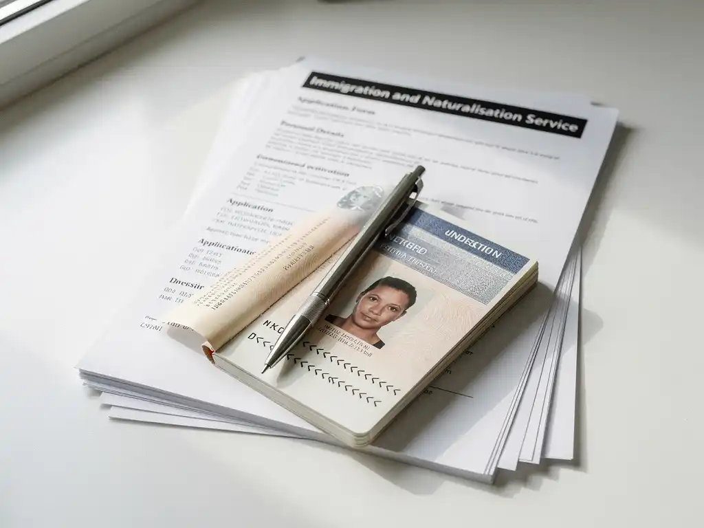 Nederlands paspoort opengeslagen op wit bureau naast officiële IND aanvraagdocumenten met zilveren pen